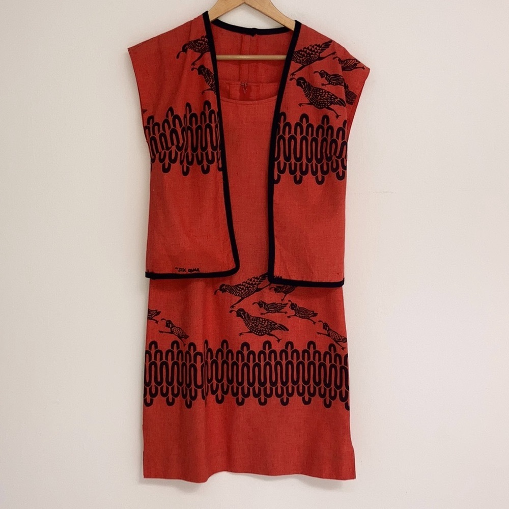 Vintage Harwood Steiger “Six Quail” Silk Screened Cotton Cocktail Party Dress